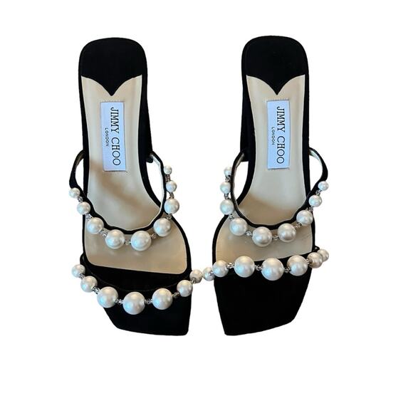 Jimmy Choo Amara 85mm Pearl Straps Suede Block Heels Mules NEW EU 35.5 US 5.5 - Picture 5 of 14